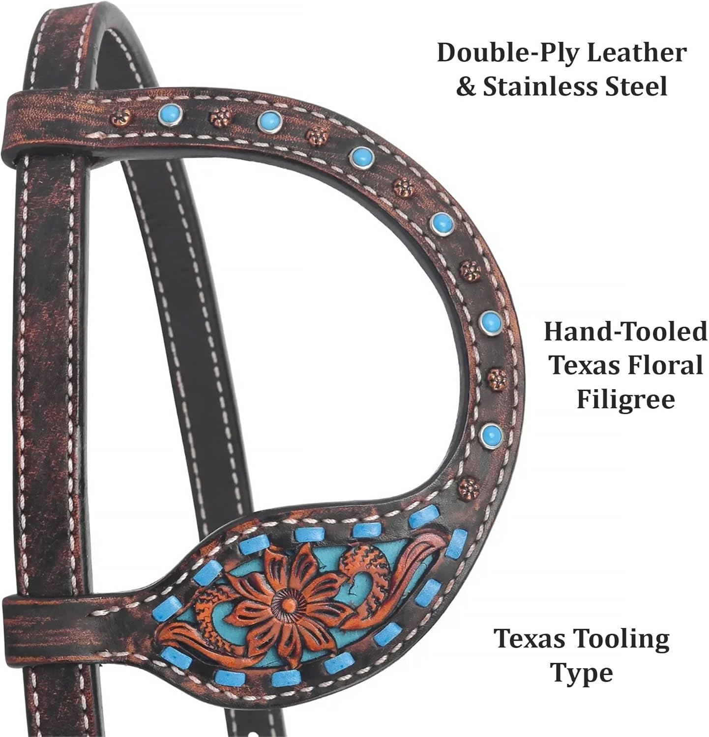 Circle Y Bronco Blue Texas Flower One-Ear Headstall | Durable Western Horse Tack with Double-Ply Leather & Tie Bit Ends | for Horse Shows, Trail Rides & Equestrian Sports, Chocolate, One Size