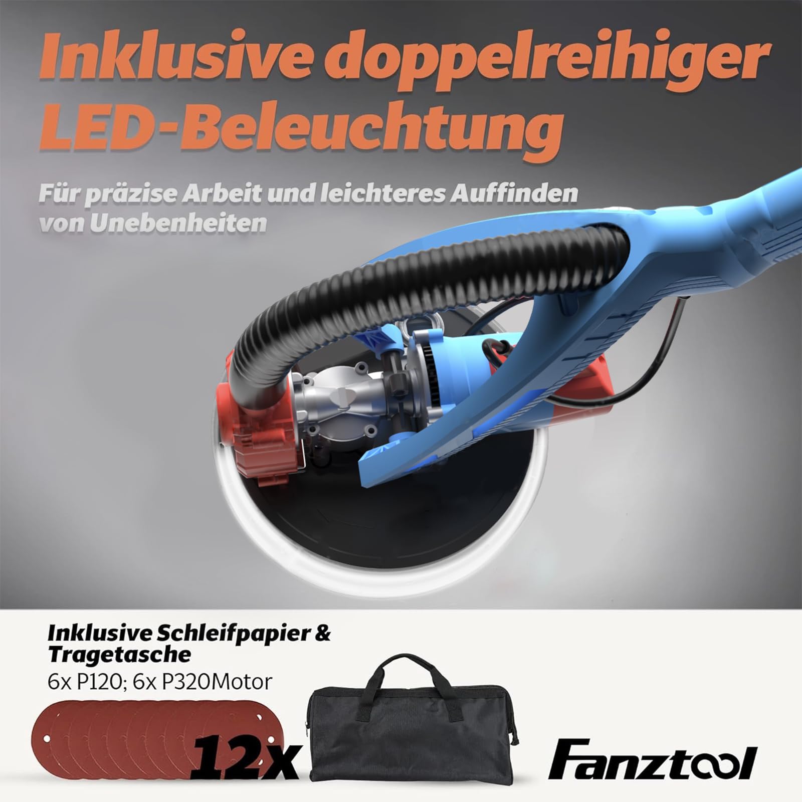 FANZTOOL Trockenbauschleifer 750W mit Integriertem Staubsauger, Ø 225 mm, bis 120° Neigbarer Schleifkopf,1,9m Teleskopierbar,Wand & Deckenschleifer inkl. 12 Schleifscheiben & LED-Arbeitsleuchte