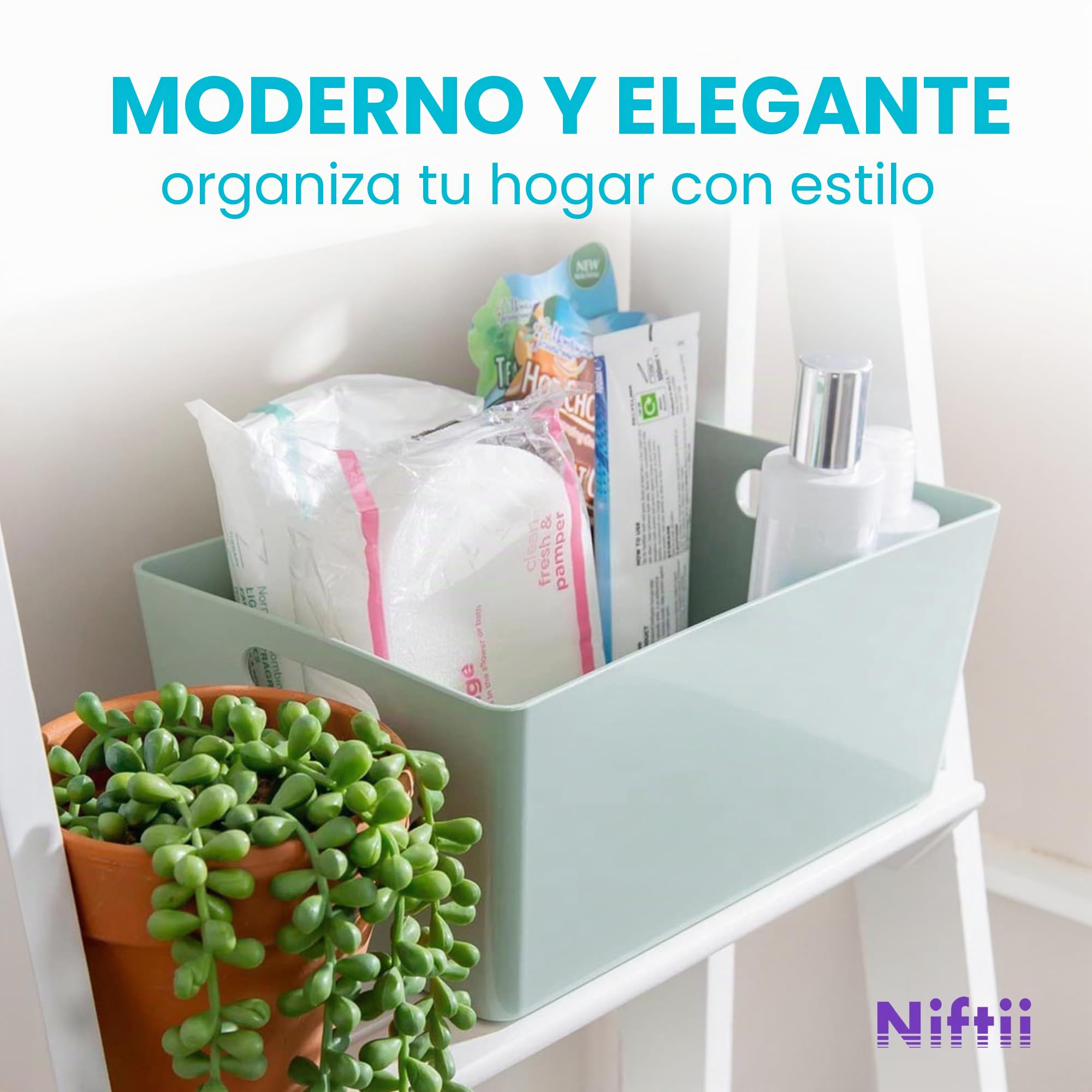 NIFTII Paquete de 5 cestas de almacenamiento de plástico con asas de 3,9 L, color salvia, organizador rectangular de almacenamiento para armario, cajas de almacenamiento de ropa, cestas de