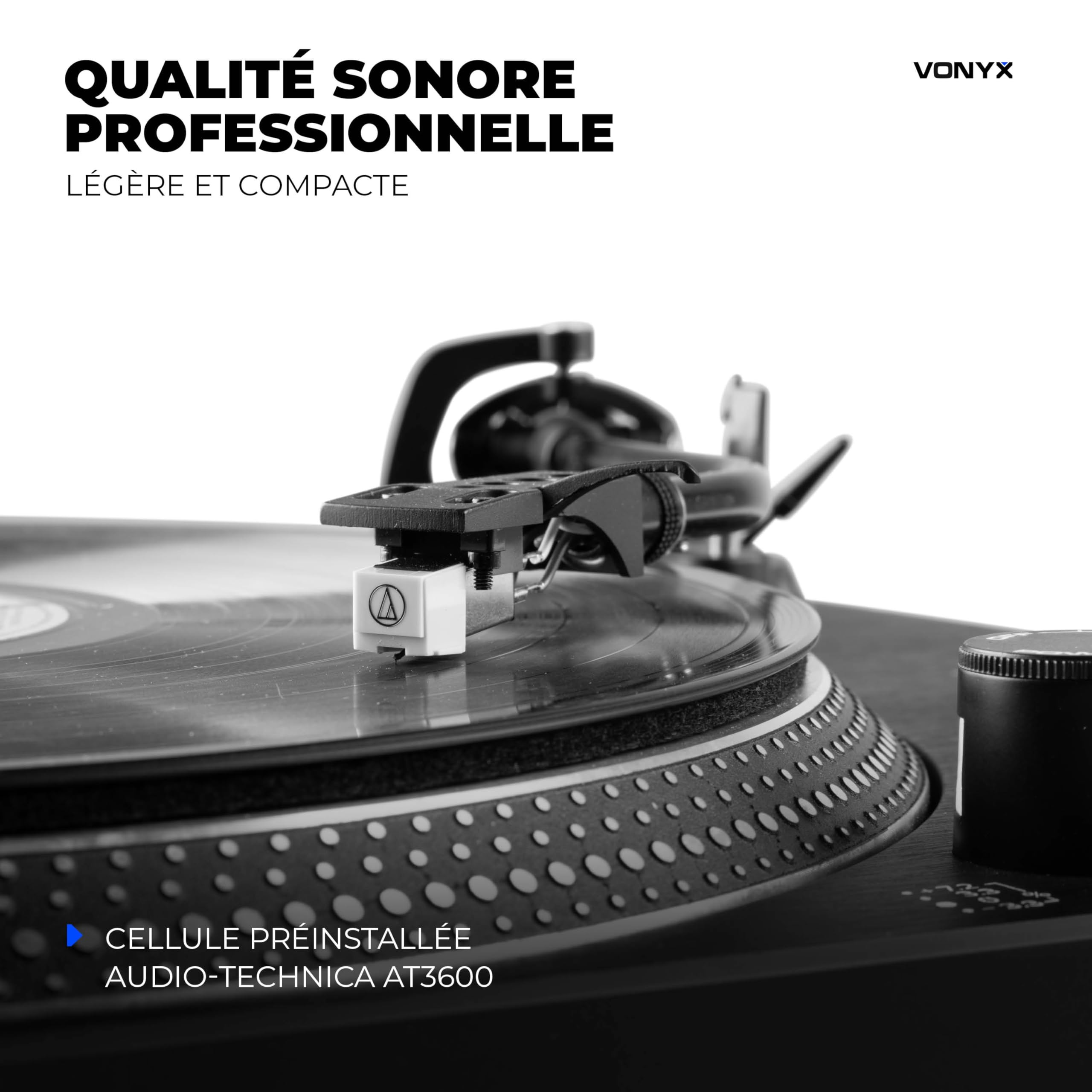 Vonyx DT3000 Platine Vinyle DJ à Courroie avec Cellule Audio-Technica, Tourne Disque 33/45 Tours pour DJ Débutant et Écoute