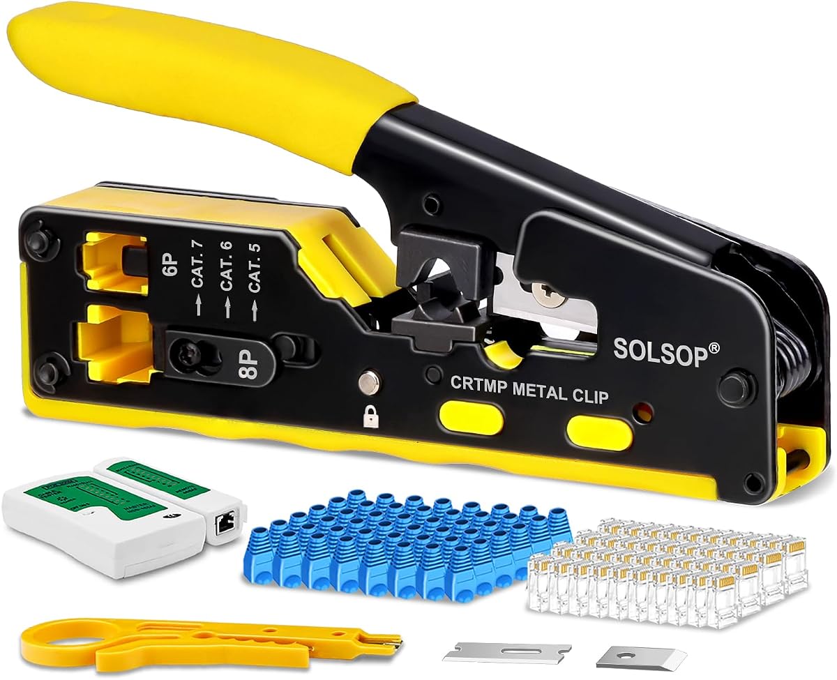 Solsop Pass Through RJ45 Crimp Tool Kit All-in-One Ethernet Crimper | Cat7 Cat6 Cat5 Crimping Tool with Network Cable Tester, 50-Pack Cat6 RJ45 Pass Through Connector, 50-Pack Connector Boots