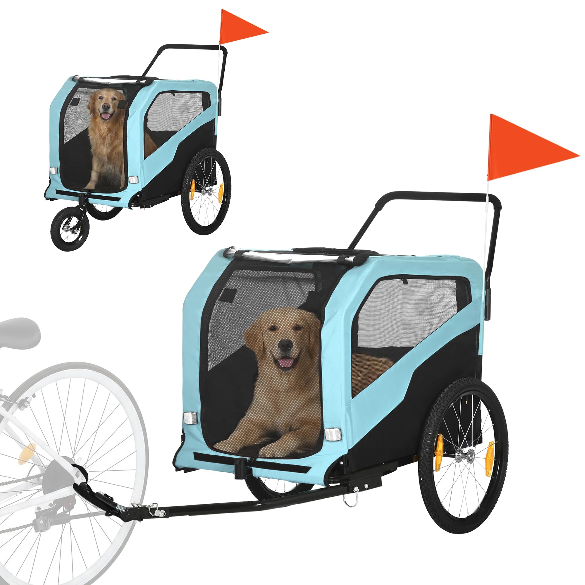 PawHut Rimorchio Bici per Cani 2 in 1 con 2 Ingressi e Tasche Portaoggetti, Passeggino per Cani 30kg max in Acciaio e Tessuto Oxford, Blu