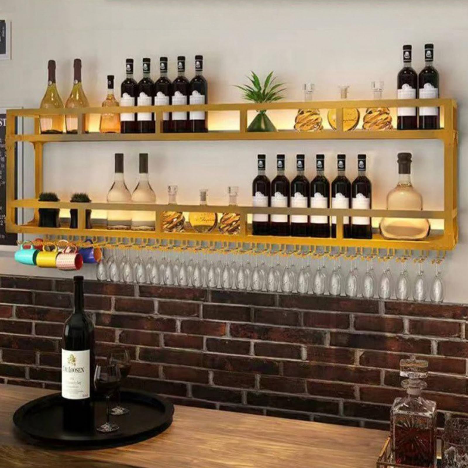 Amazon.com: Wall Mounted Wine Rack with LED Light, Metal Floating Shelves  for Liquor Bottles & Wine Glasses, Multi Functional Storage Shelf Wine  Storage Display Rack for Home, Restaurant, Bars,Gold-80x25x55CM : Home &