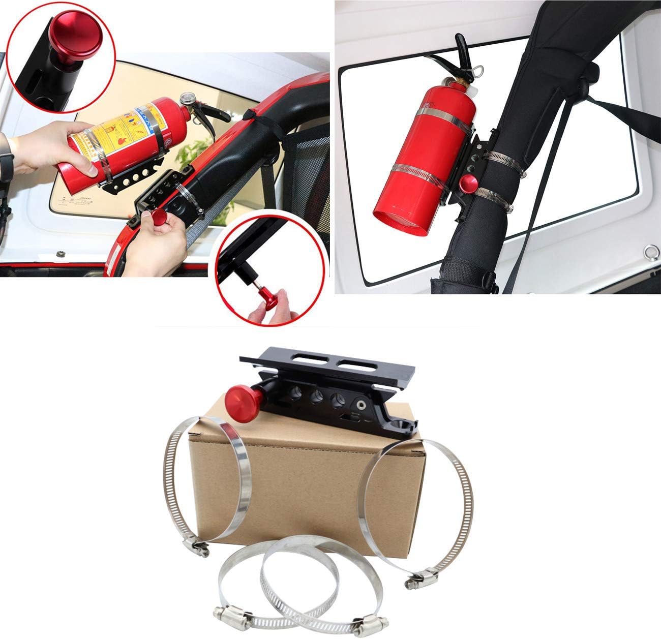 Quick Release Adjustable Aluminum Roll Bar Fire Extinguisher Holder Mount Compatible with for Ford Bronco Jeep Wrangler UTV Polaris RZR Ranger Camper Van with Pillar Fire Extinguisher Bracket