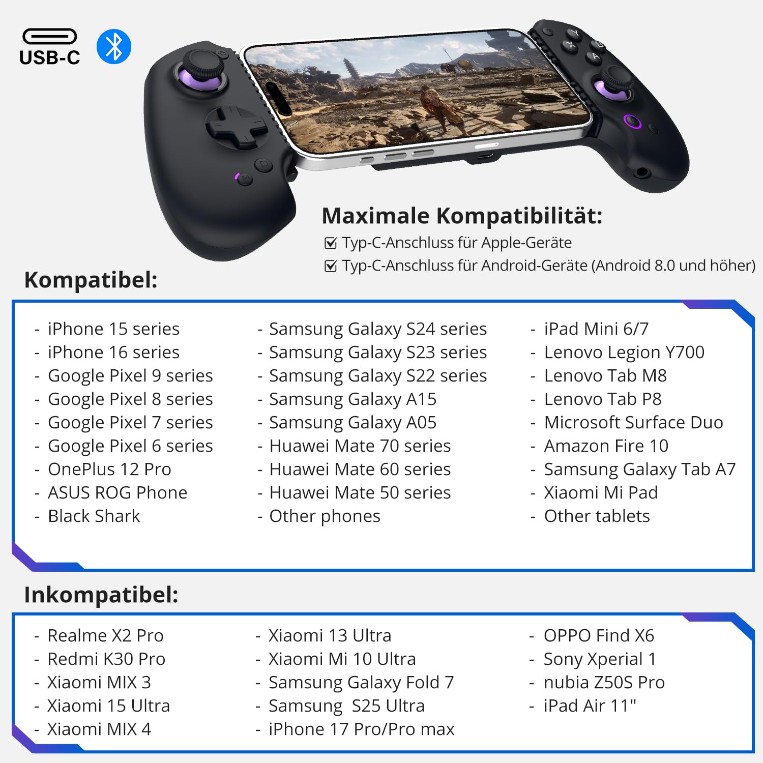 abxylute S9 Full-Size Gaming Phone Controller für iPhone 15/16/17, iPad Mini 6/7 Android Tablet Bluetooth TypeC Mobile Gamepad Kostenloser Tastenbelegung Genshin Impact, Hall Effect Joystick (black)
