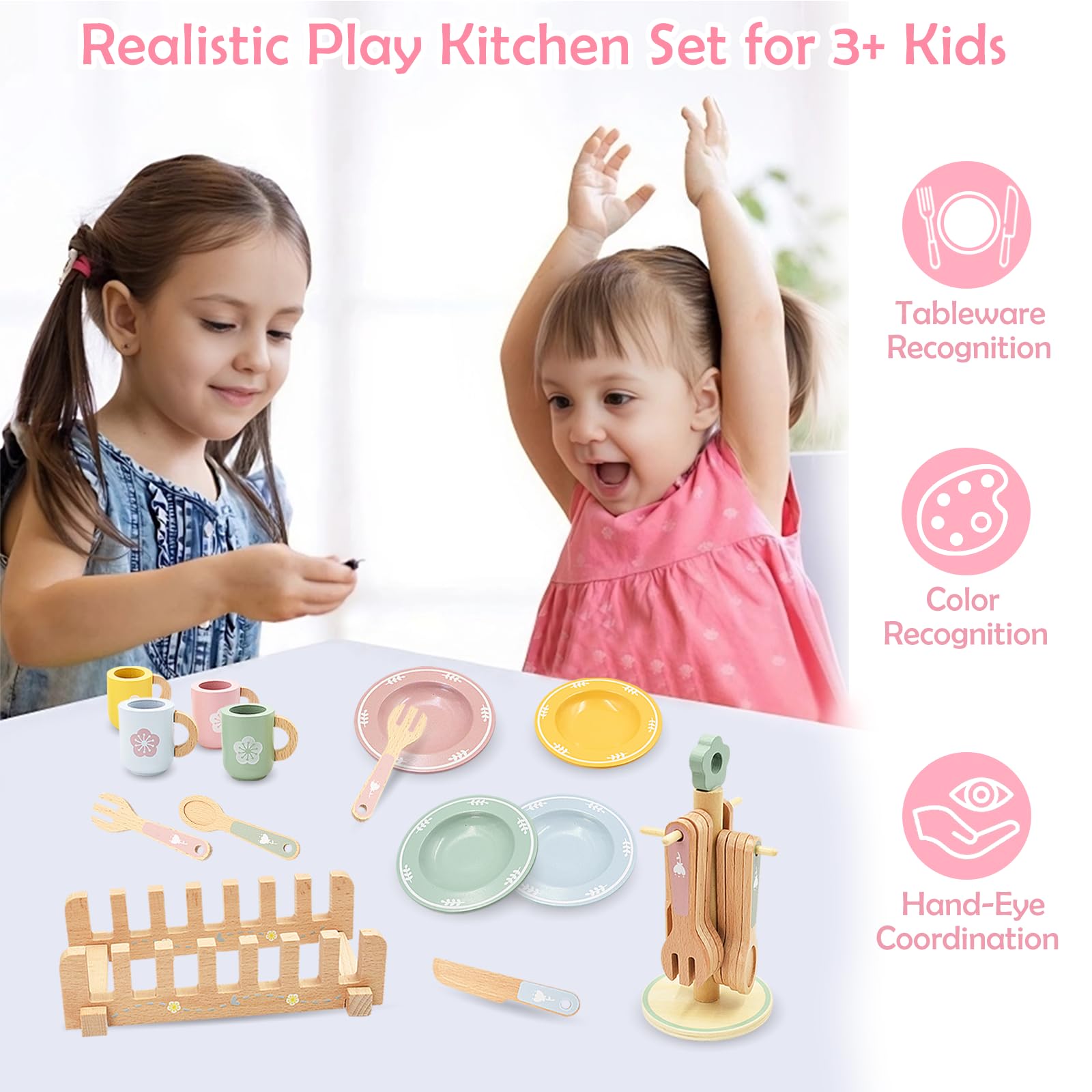 Cocina Juguete de Madera, 22 Piezas Accesorios Cocina Juguetes con Platos y Vajilla Pequeños, Juguetes de Cocina de Madera para Juegos de rol, Regalo para Niñas Niños 3+ Años