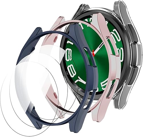 Miniatura 8 de XINGHAO Paquete de 3 + 3 fundas para Samsung Galaxy Watch 6 Classic de 1.73 pulgadas con vidrio templado, policarbonato duro, impermeable,