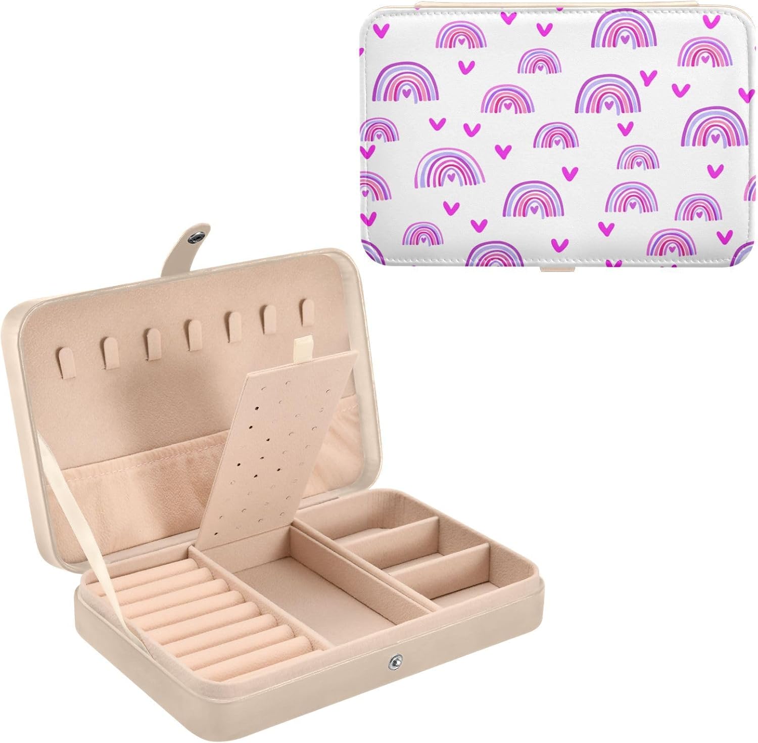 Kigai Rainbow Jewelry Box for Women Girls Portable Travel Jewelry Case PU Leather Small Display Case Storage Organizer for Earring, Ring, Necklace