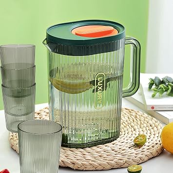 2L Water Jug for Fridge with Lid &Vented Spout,Plastic Pitcher Jug with Cups Set of 4 for Hot/Cold Water Ice Tea Coffee Milk & Juice Beverage Cocktail for Homes,BBQ's, Parties, Camping