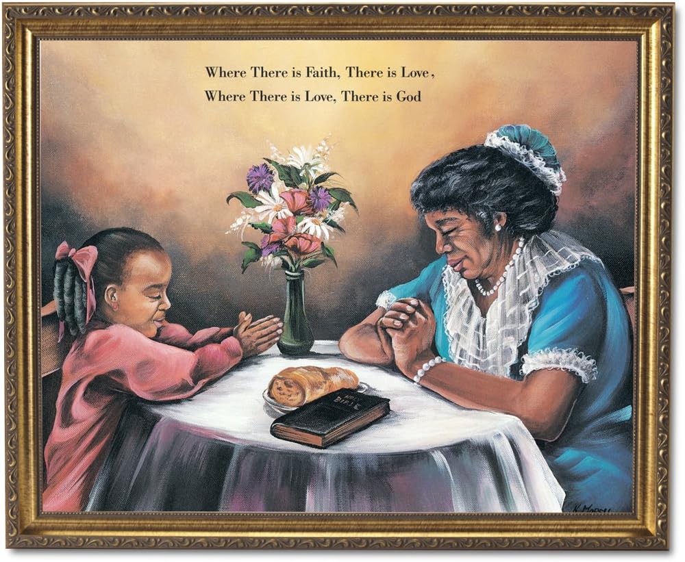 African American Black Grandma Abuela Mom Daughter Praying Dinner Table Religious Art Print 16x20" Gold Frame + Glass