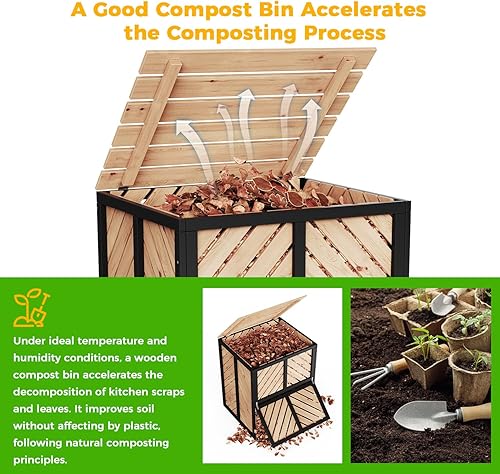 Miniatura 6 de Compostador de madera maciza de 115 galones, contenedor de compostaje para exteriores con puerta extraíble y tapa abatible, contenedor de compostaje