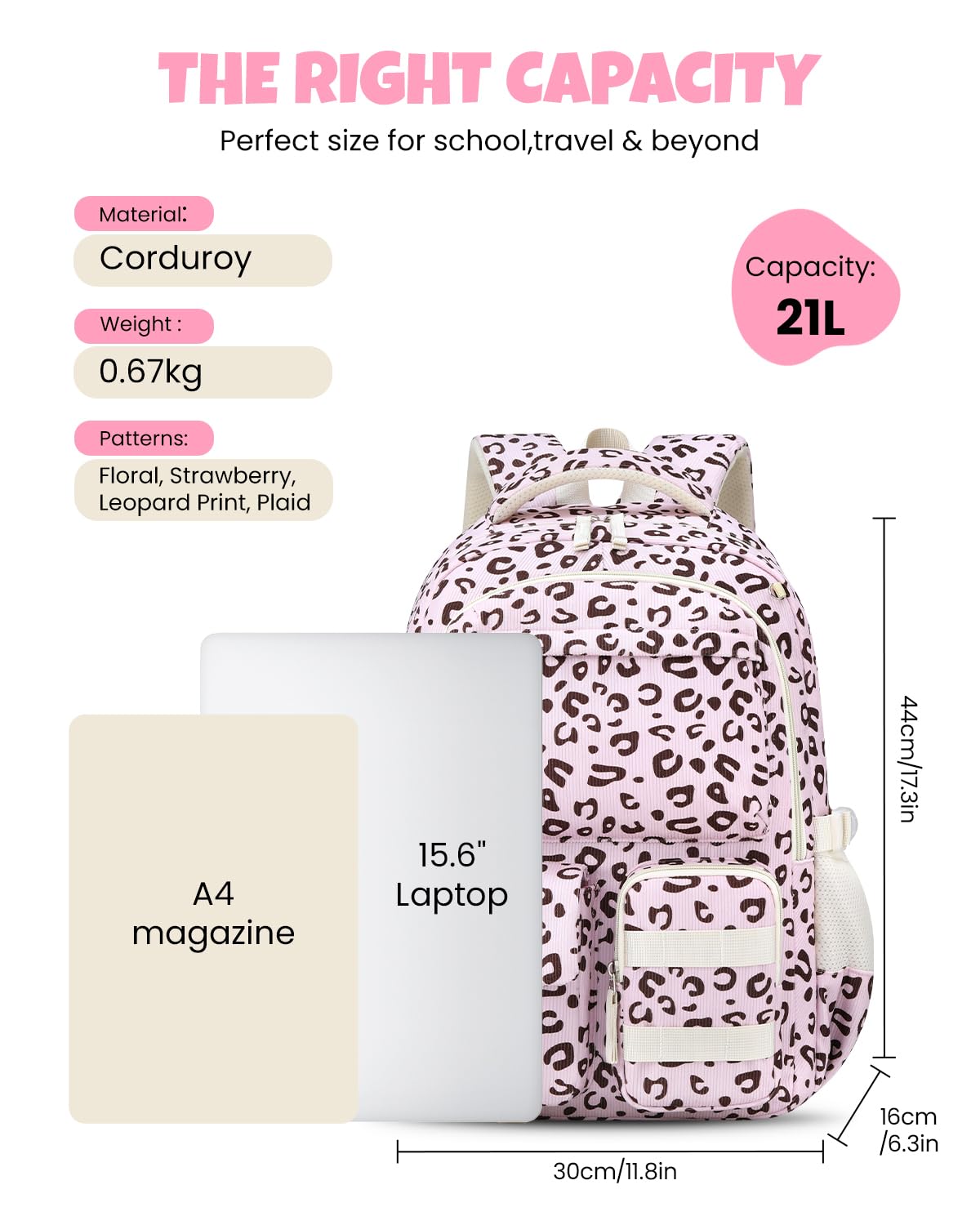 Amythe Cartable École Filles Compartiment Laptop Lycée Collège Grand, Fleur | Compartiment Laptop Lycée Collège Grand Daypack Cord Imperméable Fleur Multi-Poches Spacieux Robuste pour École Voyage