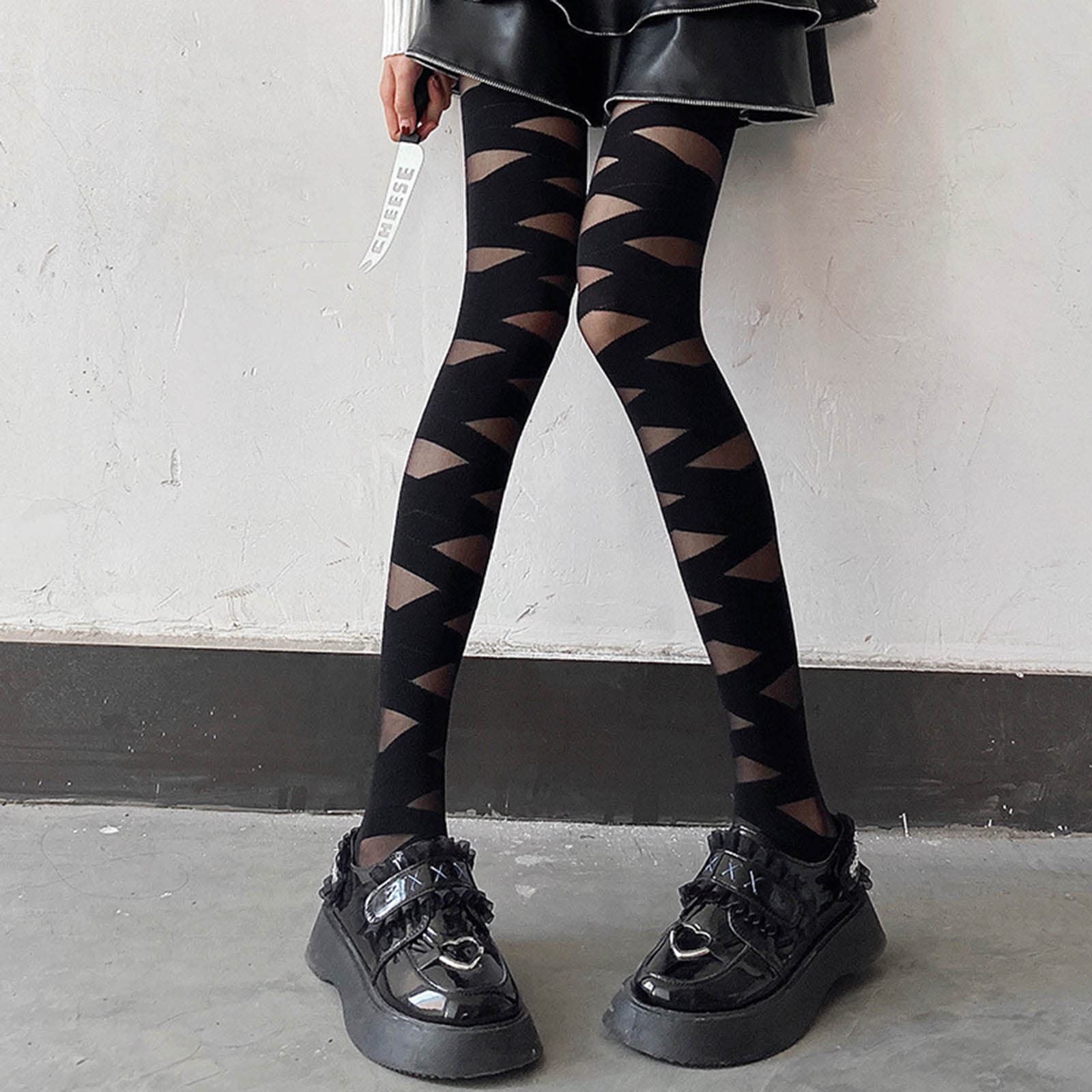 OFFILICIOUS Medias huecas de alta elasticidad, ajustadas, vendaje entrecruzado, piñas, calcetines negros, medias penetrantes en la piel para mujer