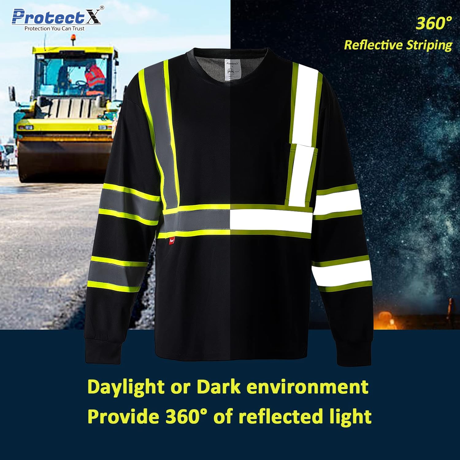 ProtectX Men's High Visibility Heavy Duty Long Sleeve Reflective Safety T-Shirts for Construction, Class 2-3 Type R - Image 2