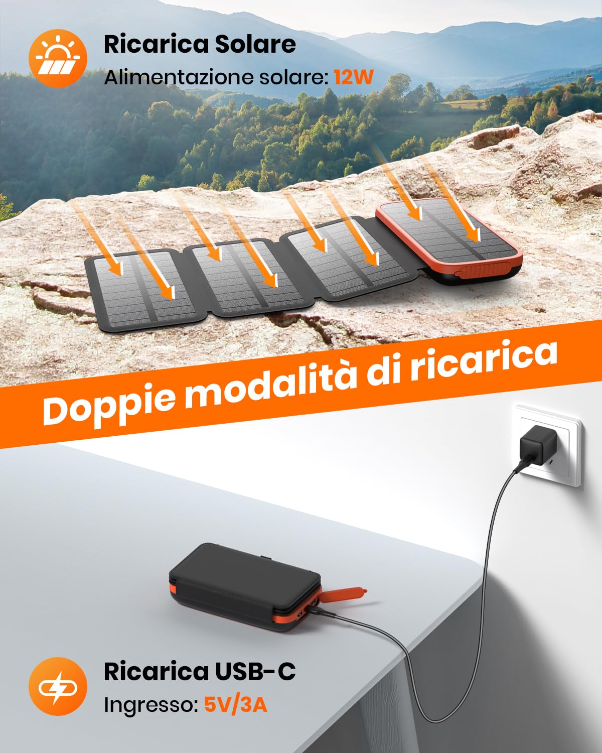 Caricatore Solare Power Bank 27000mAh – FEELLE Caricabatterie Solare con 3 Uscite USB, 3A Ricarica Rapida, Torcia Integrata Super Luminosa e 4 Pannelli Solari Pieghevoli per Smartphone Tablet