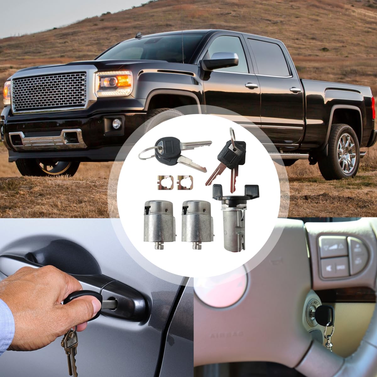 Ignition Key Switch Cylinder #701400#700843 Door Lock Cylinder Kit Fit for G M C K1500 Sierra SLE Extended Cab Pickup 2-Door 4.3L 262Cu. in. V6 Gas OHV Naturally Aspirated 1993 1994, New Version
