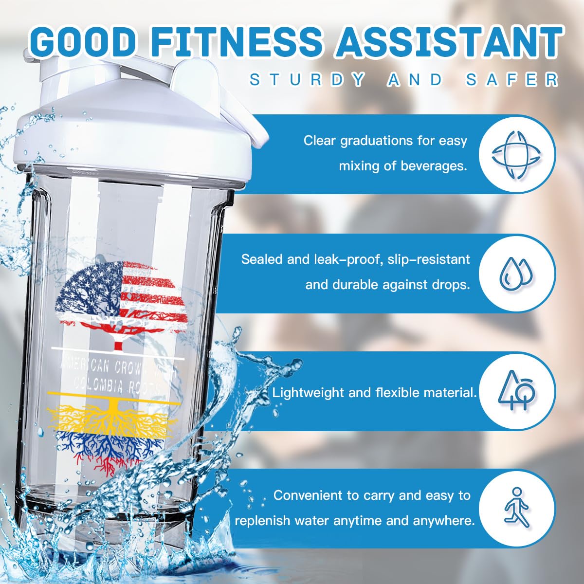 America Crown With Colombia Roots 18 Ounce Shaker Cup,Fashion Theme Pattern Shaker Bottle Leak-proof Workout Shake Bottles 500ML/18 oz Perfect for Pre Workout