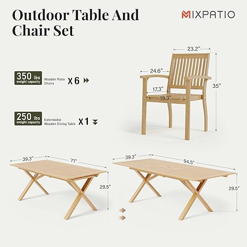 Miniatura 6 de Juego de comedor de madera de acacia para exteriores, juego de mesa de comedor y sillas de patio de 7 piezas, mesa de comedor expandible (agujero de