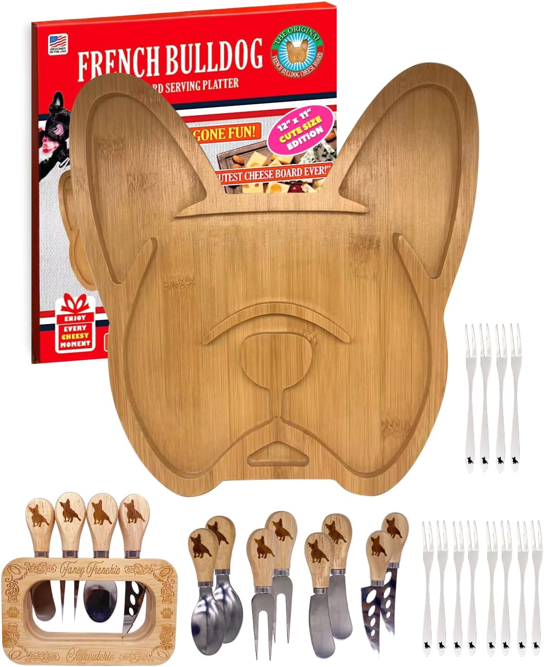 Frenchie Mom and Dad Cheese Board & Flatware Gift Set