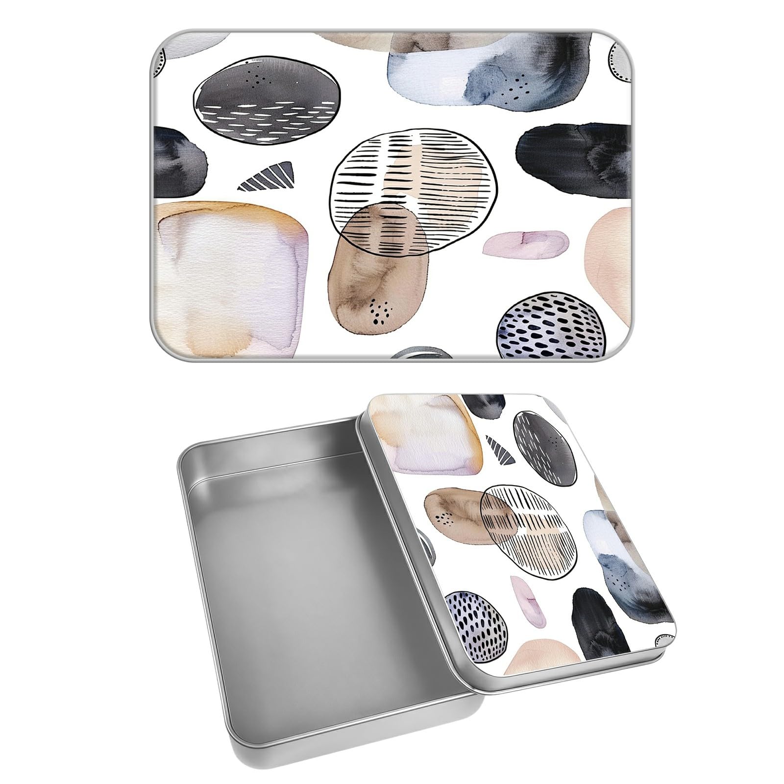 Rectangular Metal Tin Box with Removable Lid, Minimalist Modern Paintings Decorative Printed Metal Storage Container for Cards, Diaries, Home Organization 4.53 x 3.35 x 0.86 inch– Single Pack
