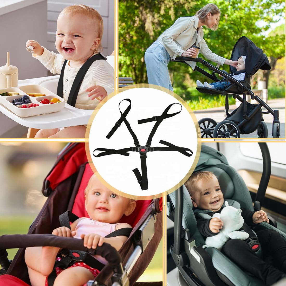 Cinture Universali per Seggiolone Cinghie per Seggiolone a 5 Punti, Regolabile Cintura di Sicurezza per Bambini per Seggiolino Cinghie Passeggini per Bambini, Nero