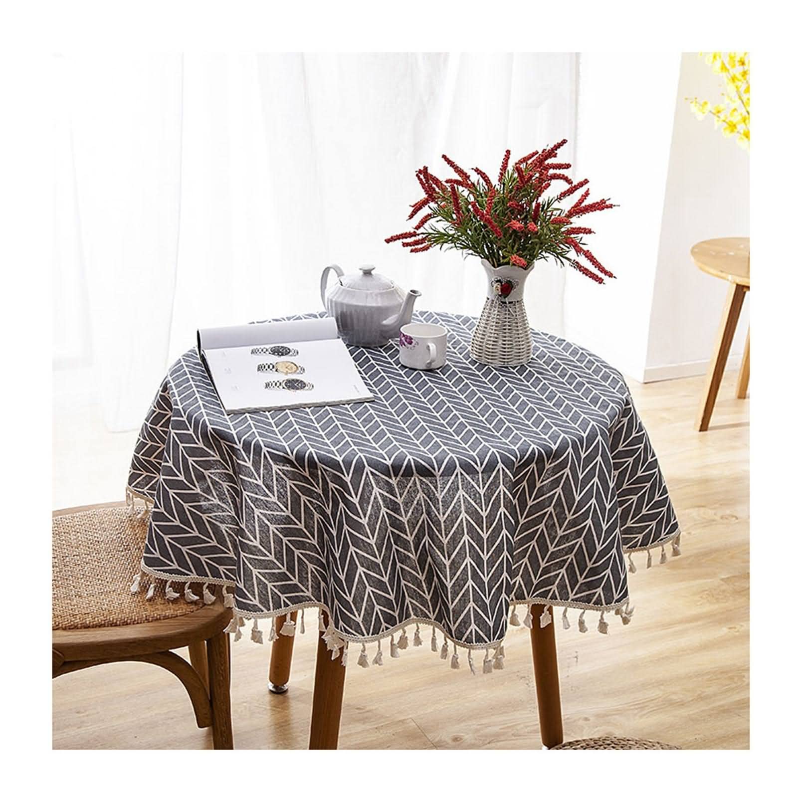 Tischdecke Abwaschbar Leinenoptik Party Table Cloth Fischgrätmuster Tischdecke Leinen Tisch Decken Leinen Grau Tischschutz Dekoration Round-150Cm