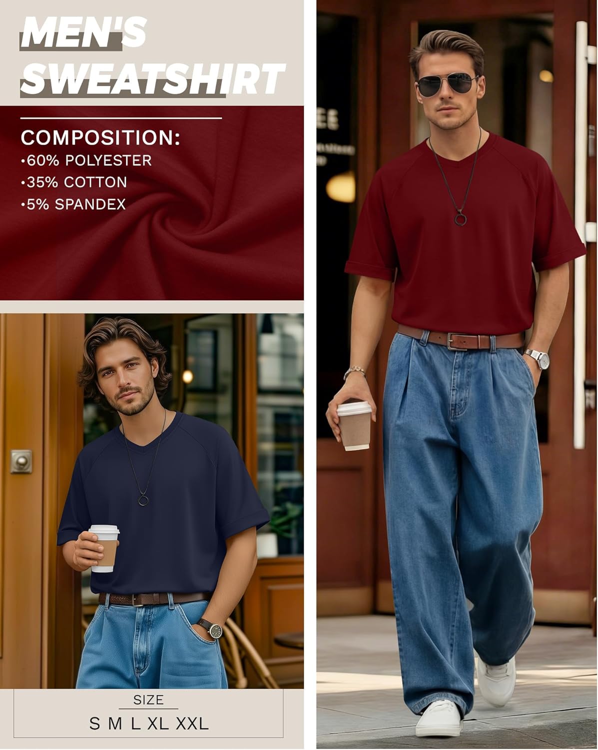 3 Pack Men's Oversized V Neck T-Shirts Loose Fit Short Rolled Sleeve Casual Tops Raglan Baggy Workout Basic Tees - Image 3