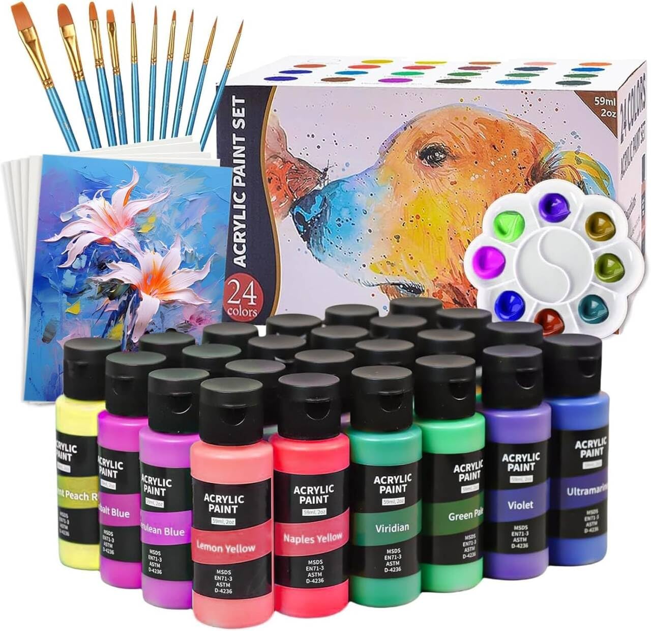 Spardar Acrylic Paint Set, 24 Colors x 60ml Oil Paint Kit, Professional Acrylic Paint Kit with 10 Brushes and 1 Palette, Art Supplies Set for Paper, Canvas, Rock