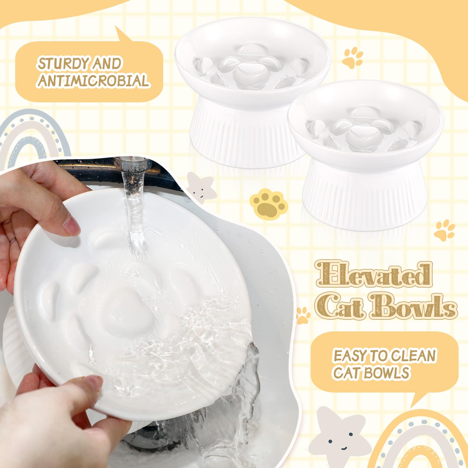 Layhit Lot de 2 gamelles surélevées en céramique pour chat - Anti-vomissements - Pour nourriture sèche et humide - Blanc