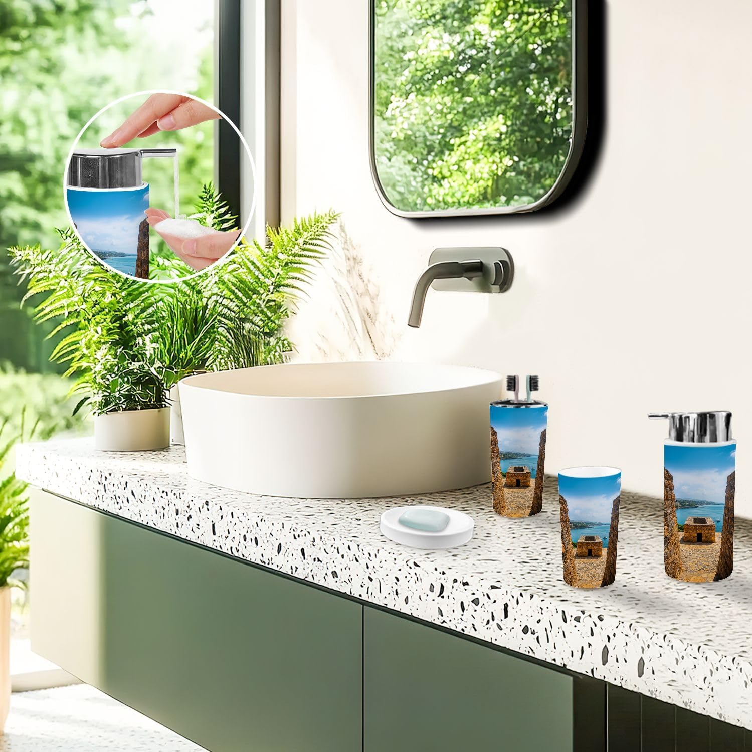 Bathroom Accessory Set 6PCS Old san Juan Lookout Tower Puerto rico Trash Can, Soap Dispenser, Toothbrush Holder, Toothbrush Cup, Toilet Brush Holder, Soap Dish for Gifts