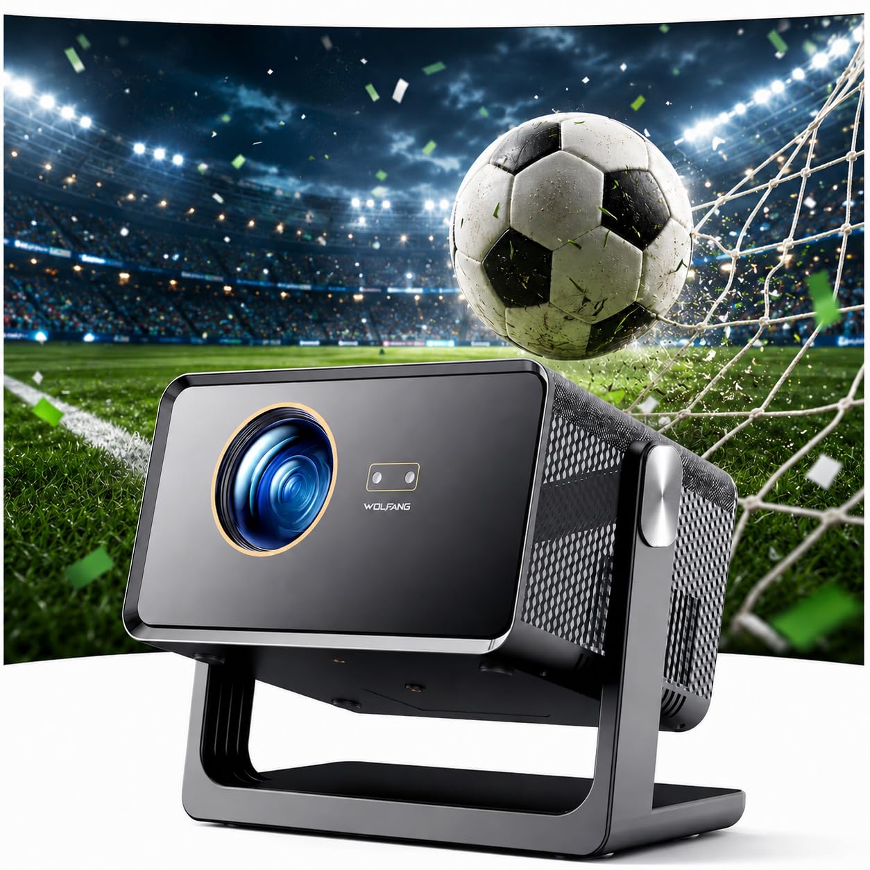 WOLFANG Proyector Portátil 4K, 28000 Lúmenes, Apps Integradas, WiFi/Bluetooth, Enfoque Eléctrico y Corrección Keystone Automática, Rotación 180°, Mini Proyector para Cine en Casa, HDMI