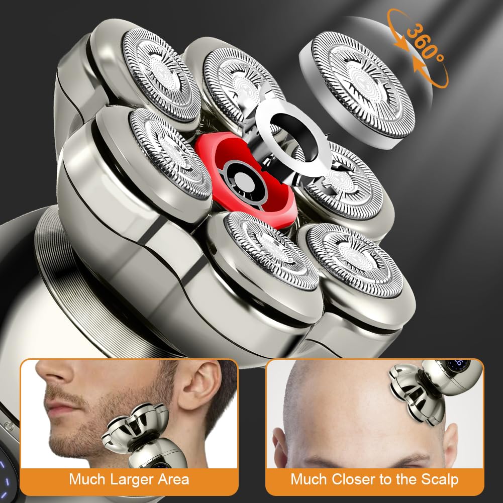 LOPHE 5 en 1 Rasoir Tete Chauve Homme, 7D Rasoir Électrique, Équipé de 7 Têtes de Coupe Flottantes, Type-C Tondeuse Crane Chauve Sans Fil, Sec Étanche IPX6, pour Hommes Chauves Avec Écran LED, A