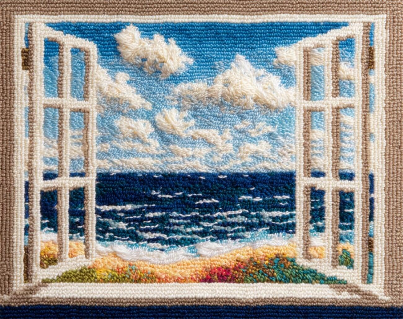 AxiangziK Landscape DIY Latch Hook Kits for Adults The Sea Outside The Window DIY Rug Making Kits for Aldult Tapestry Set Embroidery Carpet Doormat Gift 35x46in