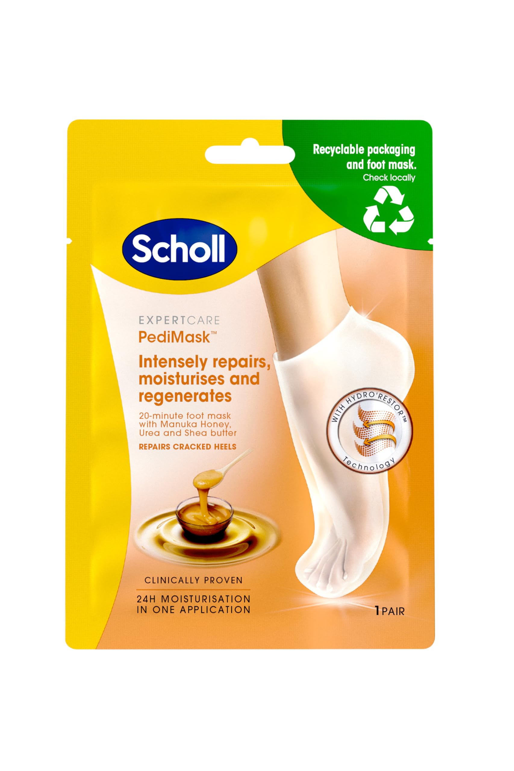 Scholl PediMask Foot Mask x 3 - Repairs, Moisturises, Regenerates - Manuka Honey