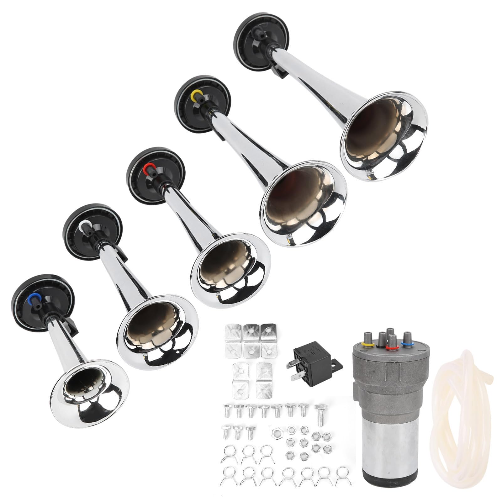 Jiawu Zestaw Trąbek Powietrznych Samochodu 12 V 5 Rogów Chrome Zestaw Sprężarek do Ciężarówki Pociąg Statek Van Głośny Dźwięk Muzyczny Heavy Duty ABS