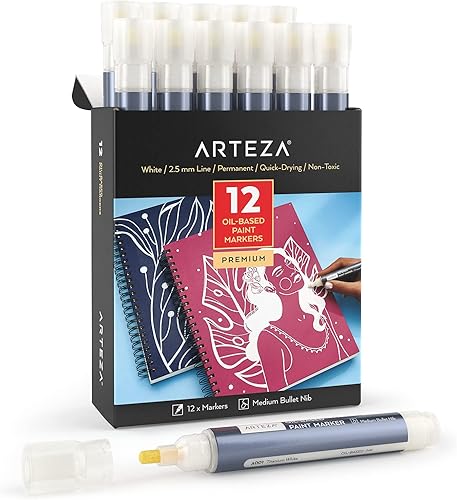 Arteza Marcadores de pintura a base de aceite, paquete de 12 unidades, blanco, línea de 0.020 in, barril grande, marcadores de secado rápido con