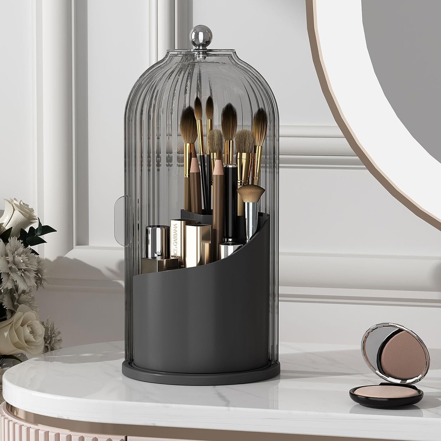 Porta pennelli da Trucco con Coperchio, Girevole a 360°, Organizer per Cosmetici da appoggio, Antipolvere, per Bagno, Trasparente (Tutto Nero)