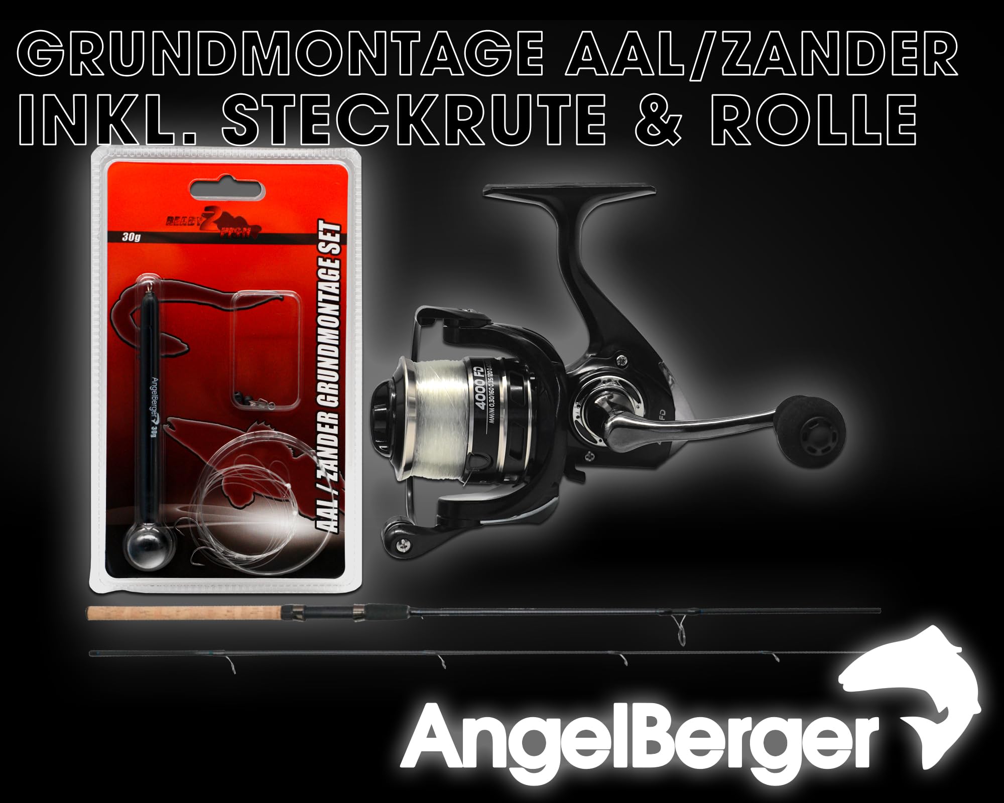 Angel Berger Steck Angelset Aal Zander Grundmontage Rute Rolle mit Angelzubehör Ready2Fish Angel Set Aal Zander Fishing Set EEL Pike Perch Wurm Dead Bait Grundangel Aalangeln Zanderangeln