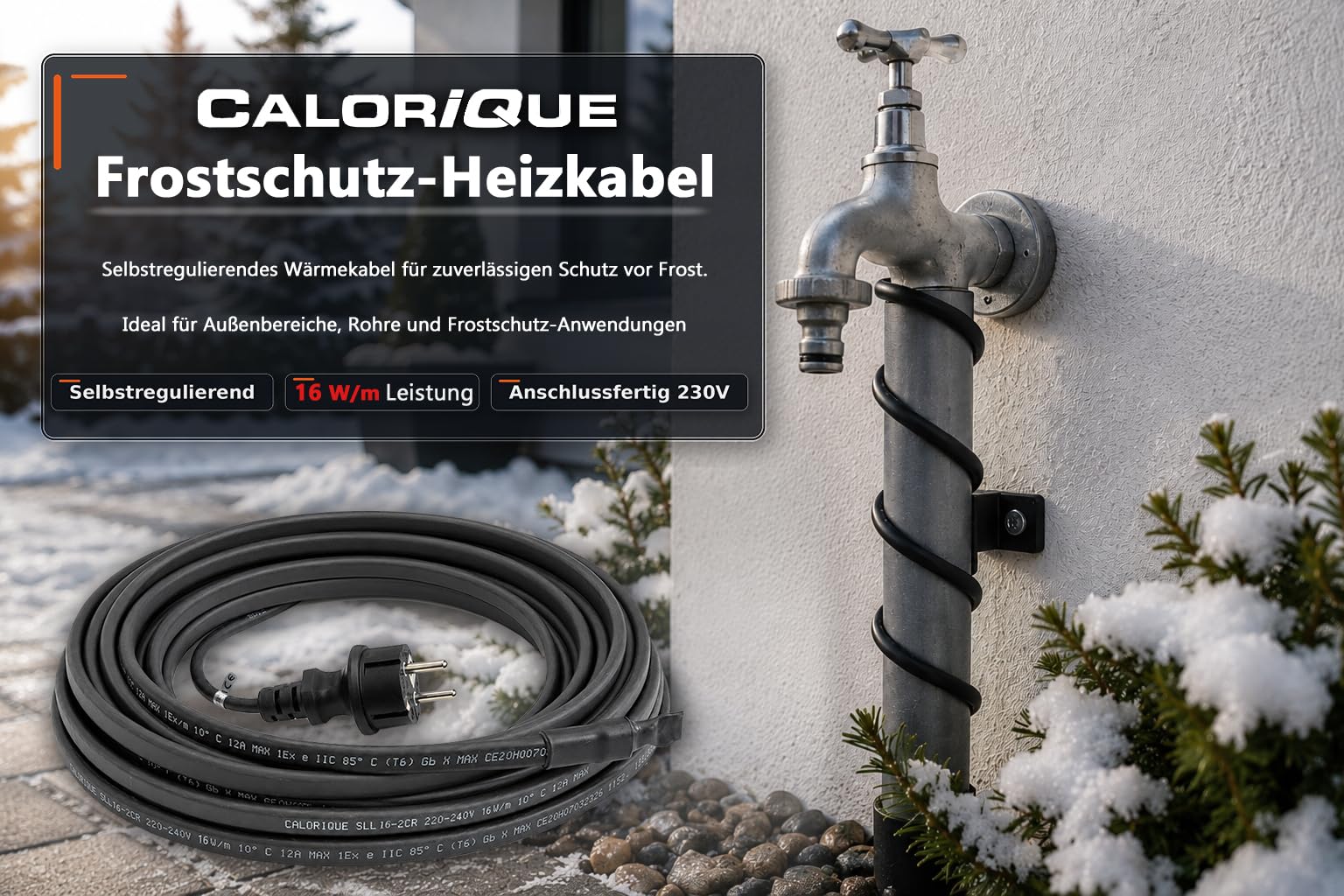 Prefabrykowany samoregulujący kabel grzejny CALORIQUE SLL 16 W/m – 2 m – do ochrony przed uszkodzeniami spowodowanymi mrozem na rynnach dachowych i na zewnątrz – ogrzewanie rurowe – praca modułów PV
