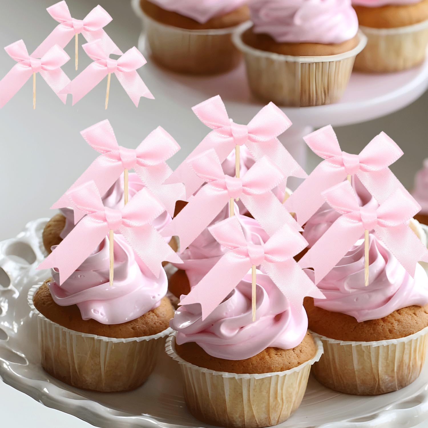 24PCS Coquette Bow Cupcake Toppers, Pink Bow Coquette Birthday Decorations for Bridal Shower Party Supplies Bachelorette Engagement Wedding Baby Shower Girl Bow Theme Birthday Party Decoration