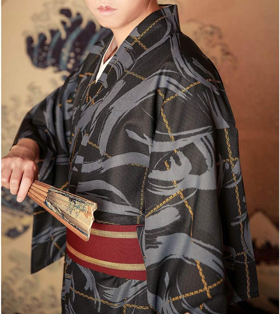 Men's Japanese Traditional Kimono Robe Long Sleeve Spa Bathrobe Easy Wearing Yukata Sleepwear Nightgown Unisex OBI Belt Set (One Size, 814# Black)