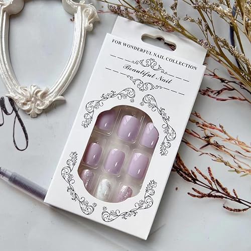 Miniatura 3 de 24 uñas postizas a presión de color rosa, medianas, de forma cuadrada, con pegamento, uñas postizas francesas blancas, uñas postizas simples y
