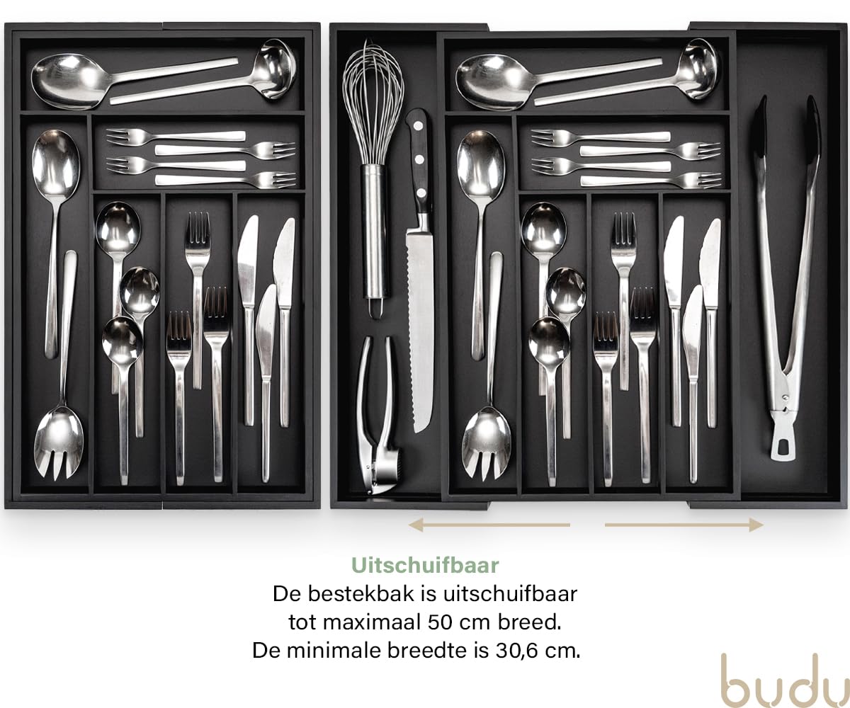 budu Bestekbak #47 (diepte 47 cm) van bamboe - lade-opbergsysteem voor de keuken - bestekbak voor laden van bamboe - uittrekbaar - keukenorganizer budu Bestekbak #47 (diepte 47 cm) van bamboe - lade-opbergsysteem voor de keuken - bestekbak voor laden van bamboe - uittrekbaar - keukenorganizer