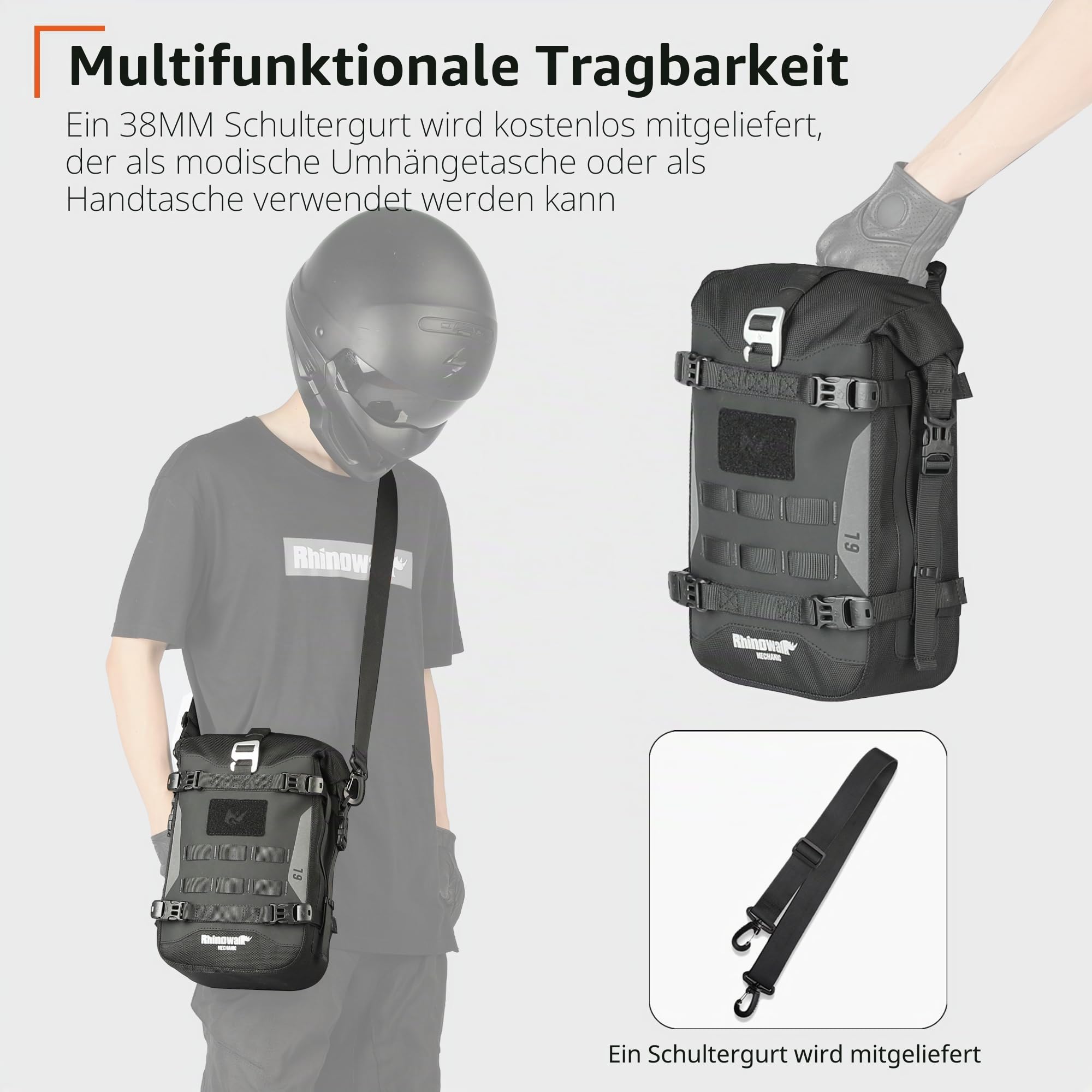 Rhinowalk Motorrad-Frontstoßstangentasche, Hecktasche, Motorradseitentasche, 6L, wasserdichte Motorradsatteltasche mit MOLLE-System, professionelles Motorzubehör, Schwarz