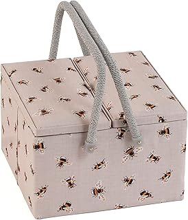 Hobby Gift Large Sewing Box - Twin Lid Craft & Hobby Storage, Accessories Tray Pin Cushion Pockets PVC Handles, 9.8 x 9.8 x 6.7" - Bee
