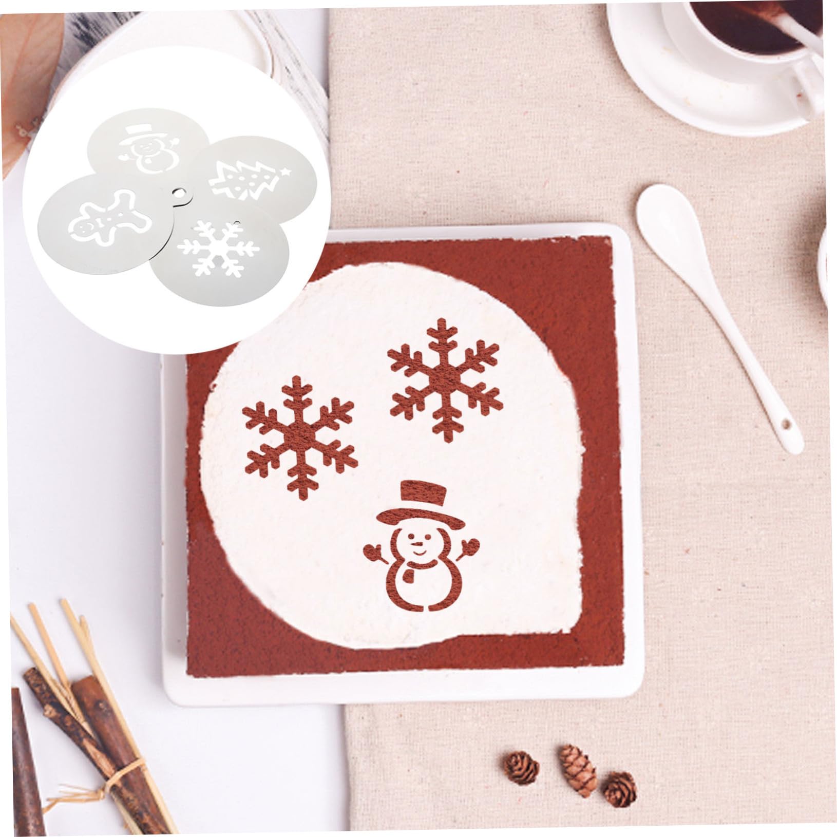 TOPPERFUN 4Pcs Christmas Cake Stencils Easy to Use Baking Templates for Coffee Decorating Gingerbread Man Snowflake Snowman Christmas Tree Designs for Desserts and Festive