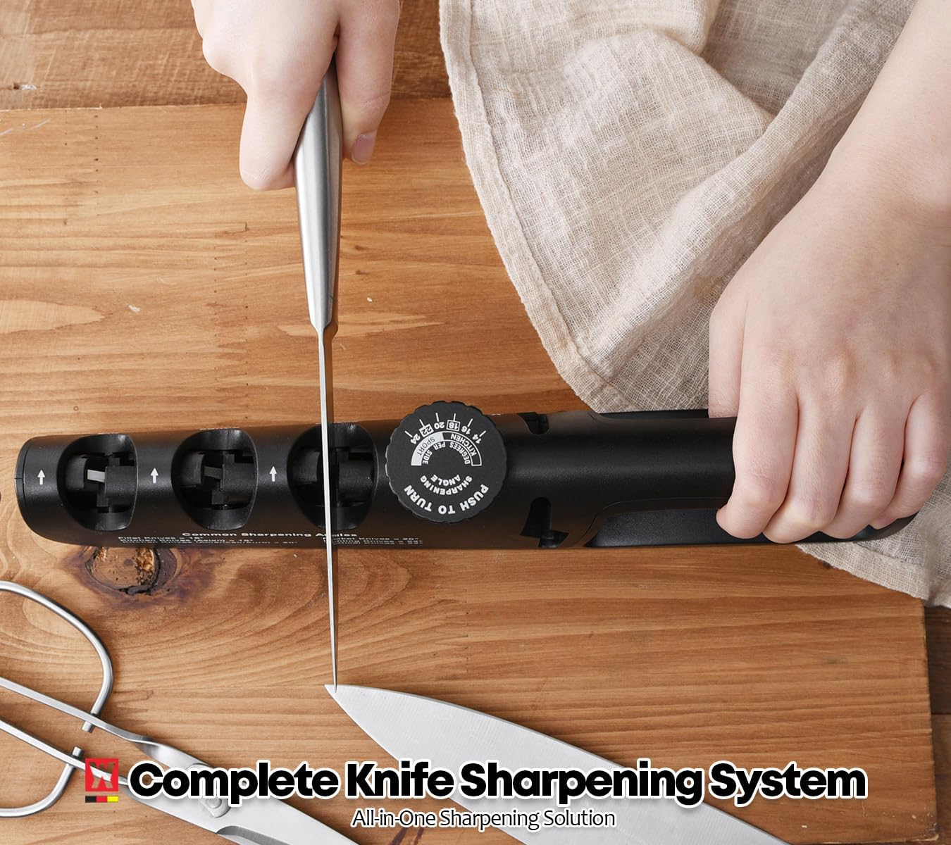 Wagensteiger Handheld Knife & Scissors Sharpener with Adjustable Sharpening Angle Controller, Sharpens Kitchen Knives & Pocket Knife, Non-Slip Bottom Pad (Tungsten + Emery + Ceramic + Scissors Slot)