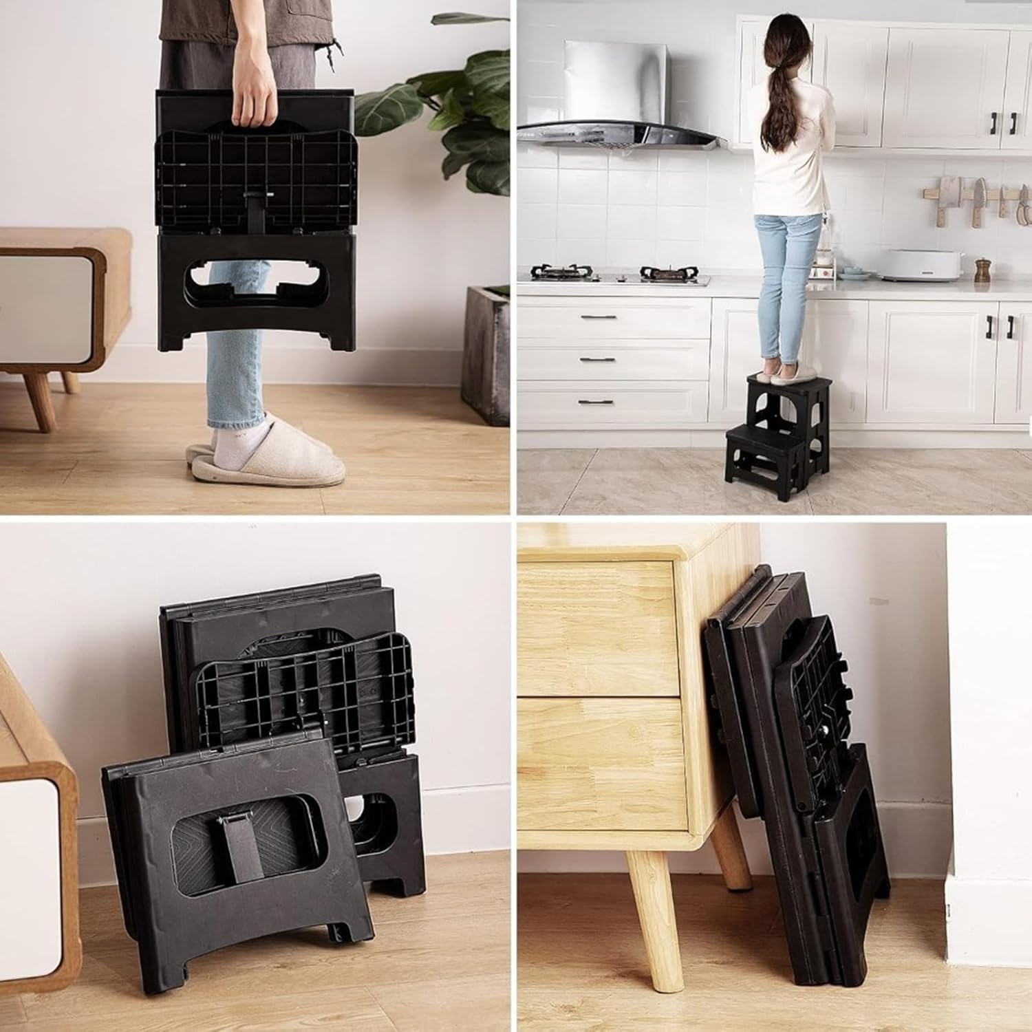 Step Stool - Foldable Two Step Ladder, Wide Pedal Bedside Climbing with 250 Lbs Capacity Support, Sturdy Anti Slip Frame, Ideal for Kitchen Closet Bathroom Access