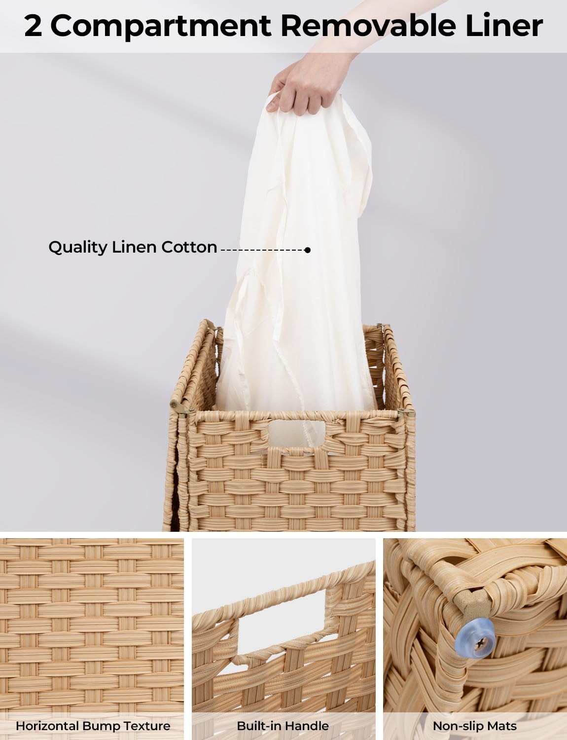 StorageWorks 130L Wicker Laundry Hamper with Lid, 2 Section Wicker Laundry Basket, Large Basket for Dirty Clothes, Hamper with Washable Linen Liner