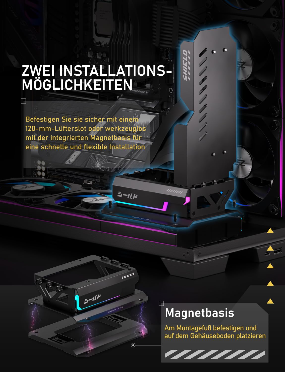 EZDIY-FAB Shield ARGB Supporto GPU verticale con PCIe 5.0 Riser - Supporto verticale per RTX serie 50, angolo regolabile a 20 gradi, installazione magnetica e slot per ventola, sincronizzazione ARGB